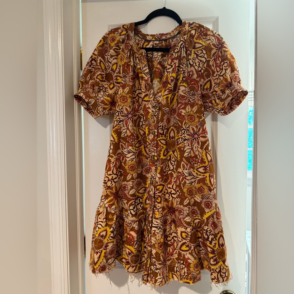 Pilcro Brown Floral Mini Dress with Yellow and Cream Accents